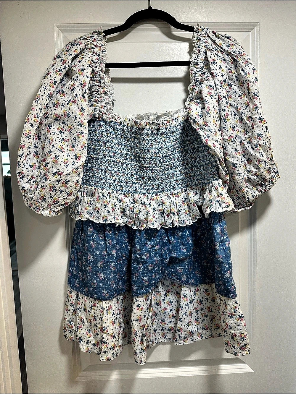 LoveShackFancy Solier Floral Smocked Puff Sleeve Crop Top Blue & White M